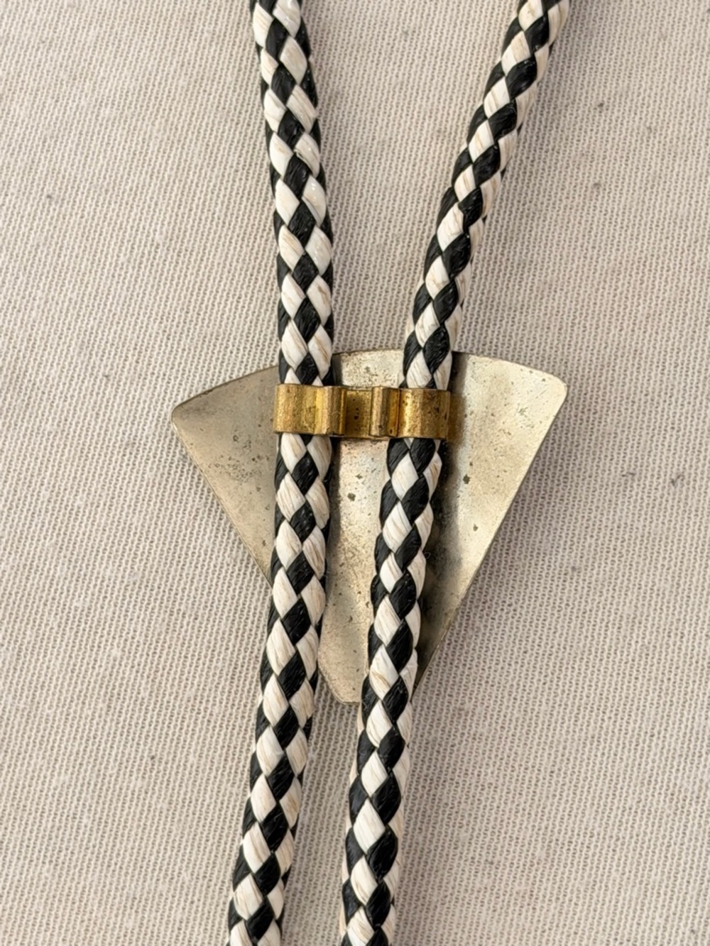 Vintage Bolo Tie Cowboy Boot Slide Black White Braided Cord Western Tie - Picture 3 of 3